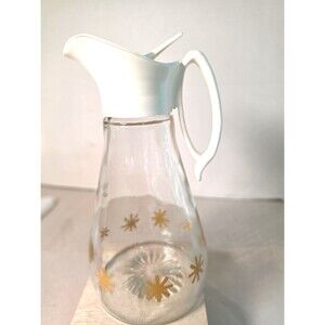 Vintage Log Cabin Syrup Pitcher Dispenser Gold Stars Starburst Clear Glass MCM